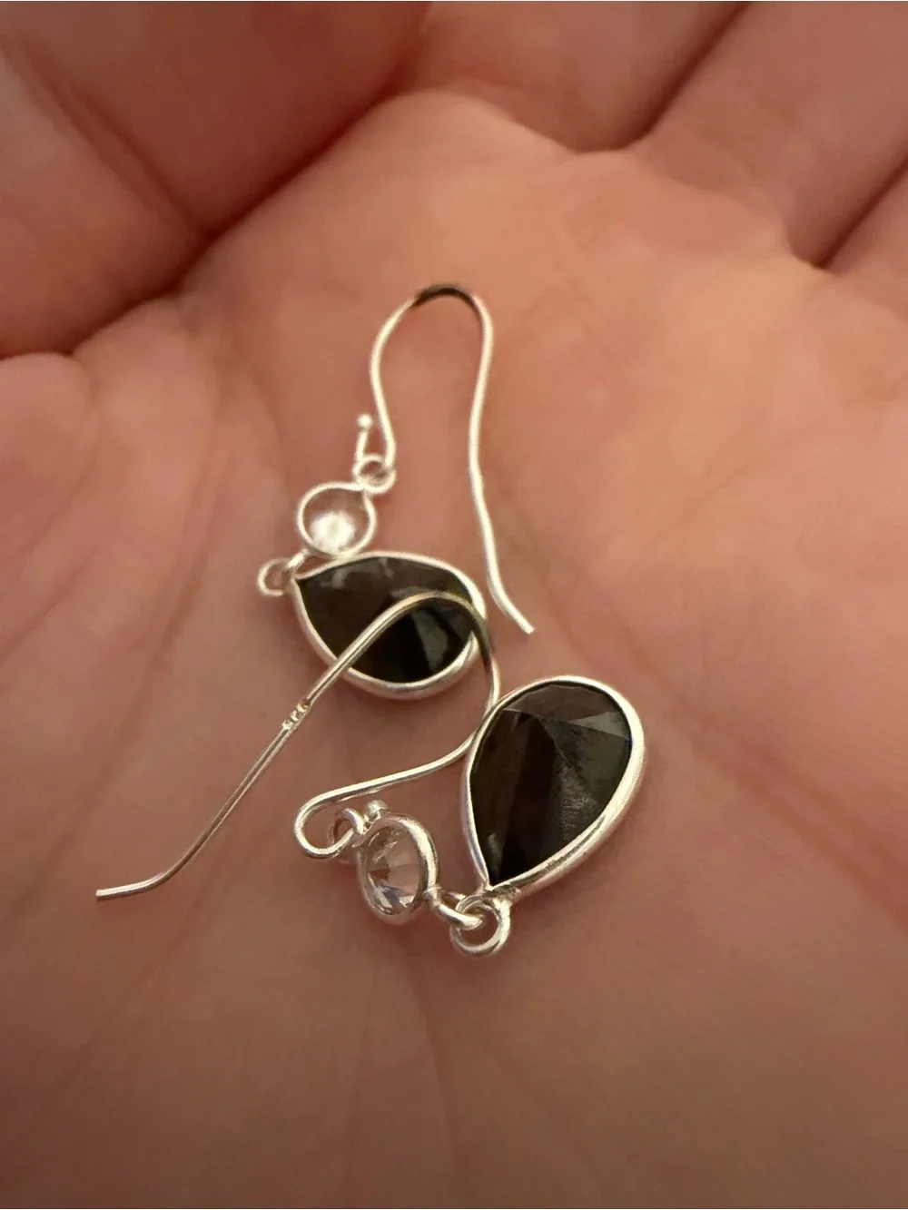 925 Sterling Silver Black Teardrop & Clear Stone Dangle Earrings